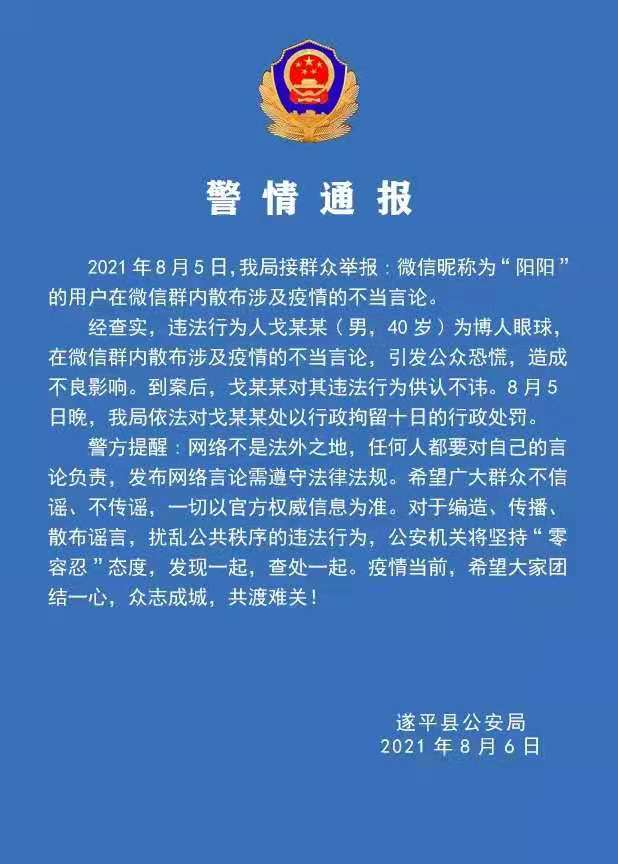 警情通報：微信群散布涉及疫情不當言論，依法拘留！