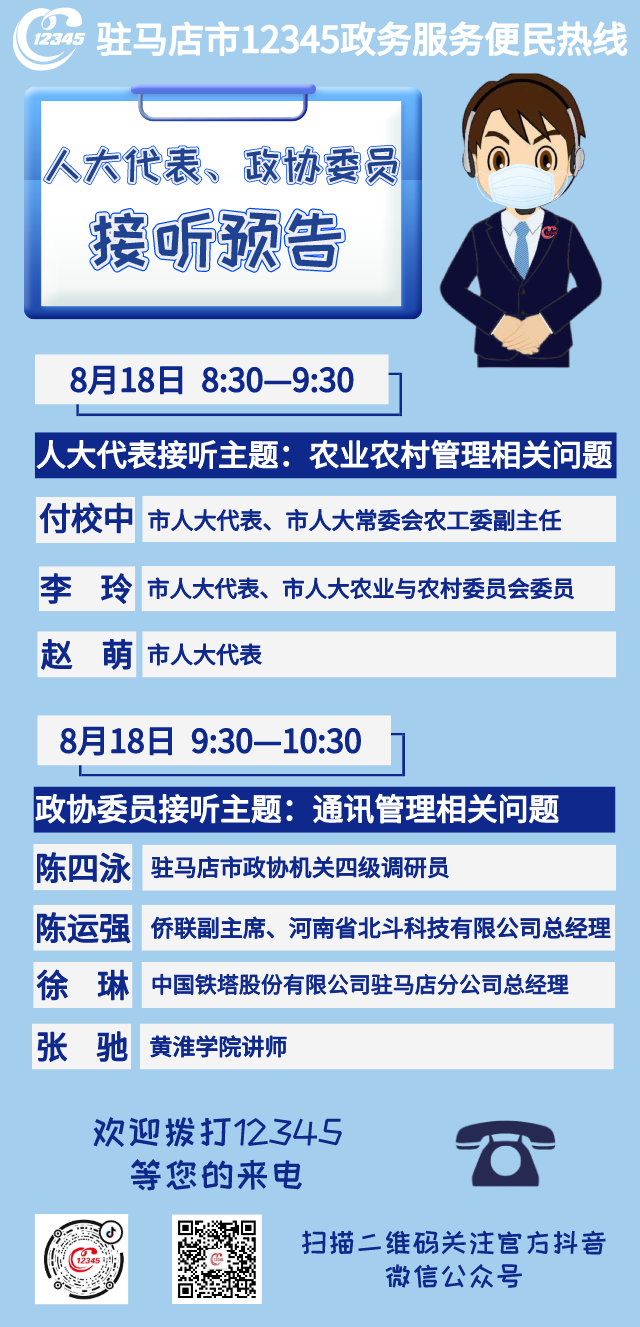 8月18日市人大代表、政協(xié)委員將接聽12345政務服務熱線