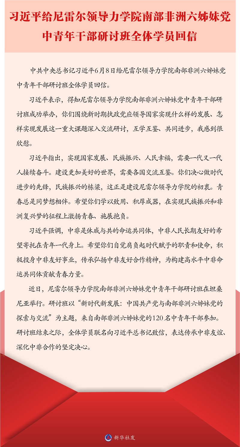 習近平給尼雷爾領(lǐng)導力學院南部非洲六姊妹黨中青年干部研討班全體學員回信