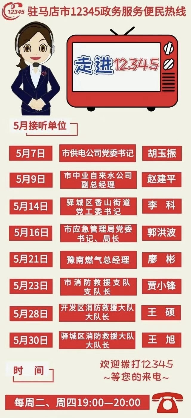 5月份 駐馬店這8家單位將參與接聽12345熱線